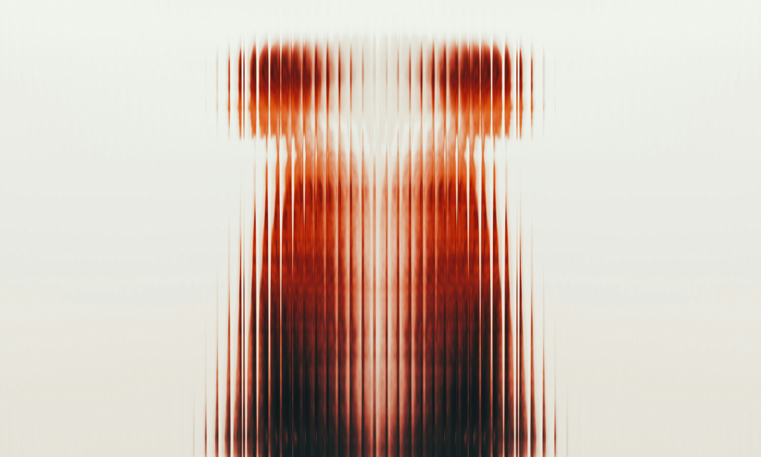 Hero image shows an abstract art piece with vertical blinds or slats in shades of dark orange, rust, and brown against a cream background, forming two person-like silhouettes that stand back to back